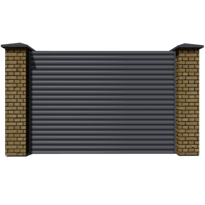Секция забора жалюзи из ламелей еврожалюзи RAL7024 Серый Графит / серая полиэфирная эмаль с кирпичными столбами анфас