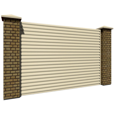 Секция забора жалюзи из ламелей еврожалюзи RAL1015 Слоновая Кость с кирпичными столбами